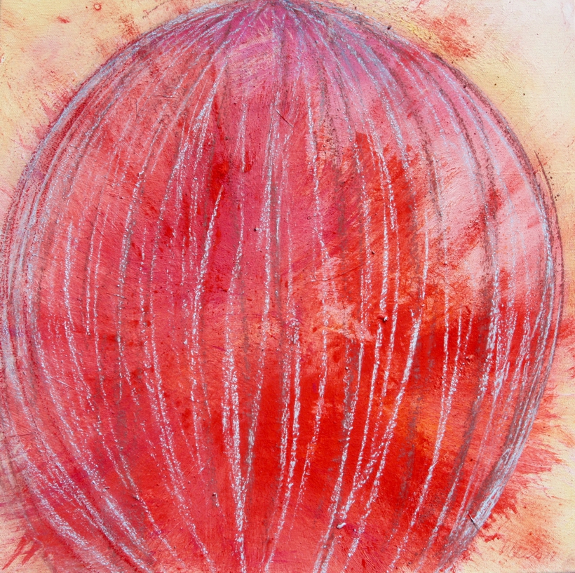 Ute Campo, Rote Frucht, Acryl und Pastellkreide auf Leinwand, 60x60cm Ute Campo, Rote Frucht, Acryl und Pastellkreide auf Leinwand, 60x60cm